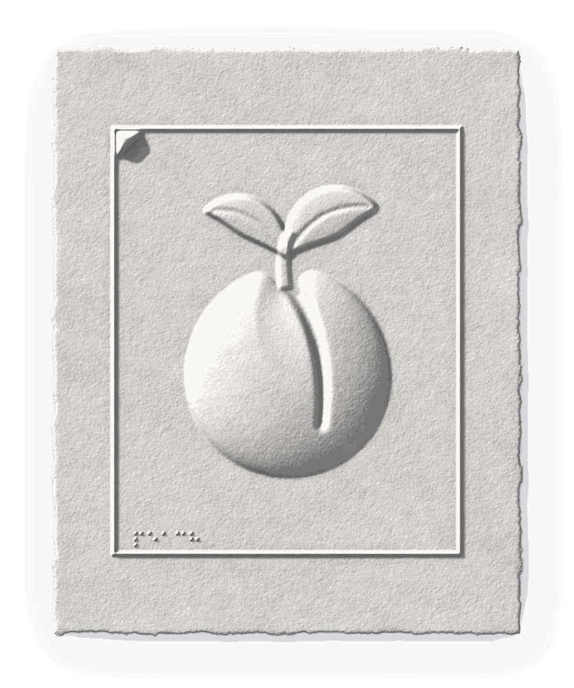 Peach shape blind-embossed in white cotton paper, a sample print made from an illustration.