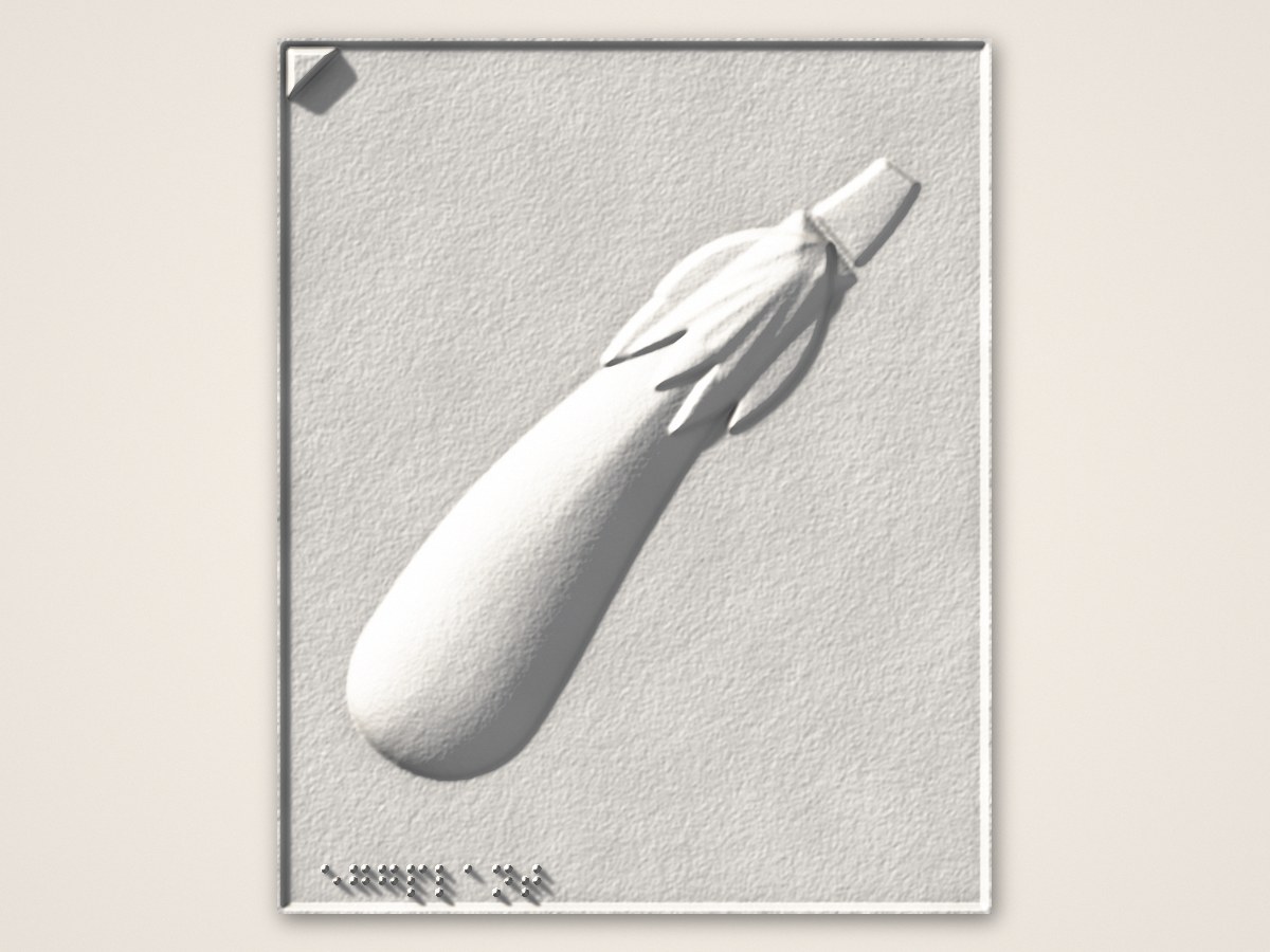 The same plate as the height map, shown as the finished white cotton print: a tall raised, long and slender eggplant with the corner triangle and braille dots, lit from the upper left.