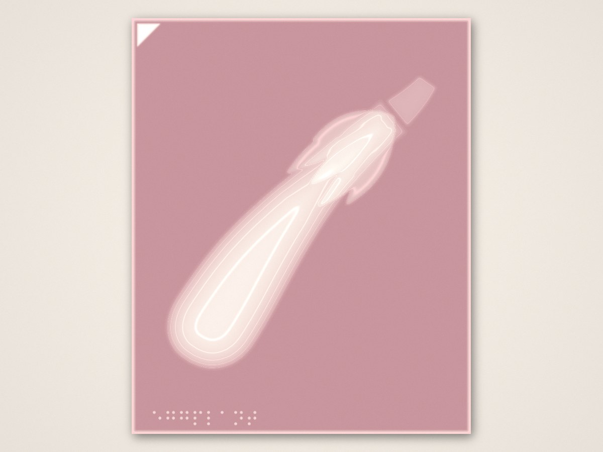 A height map of the long, slender eggplant relief in graded tones from dusty rose to pale cream. Lighter areas are the highest parts of the relief, and a corner triangle and braille dots are visible.